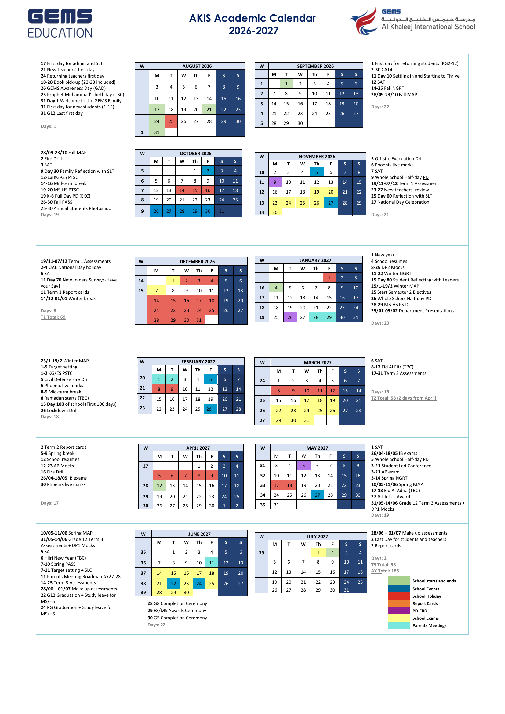 Al Khaleej International School Academic Calendar 2026-2027